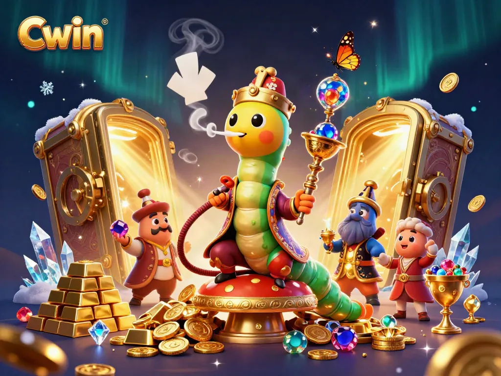 Cwin-themed casino illustration showcasing a caterpillar hookah-master and treasure elements in a vibrant casino setting.