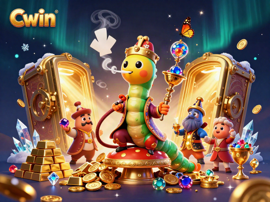 Cwin-themed casino illustration showcasing a caterpillar hookah-master and treasure elements in a vibrant casino setting.