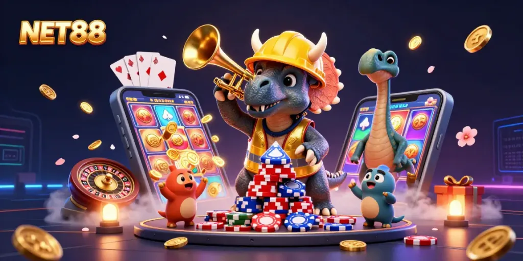 NET88 offers an exciting gaming environment with a triceratops building poker chips while celebrating wins.