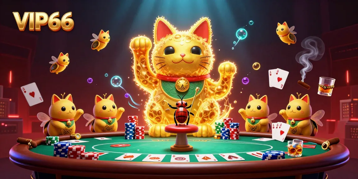 Experience the magic of VIP66 with a golden lucky cat and colorful poker elements in a vibrant casino scene.