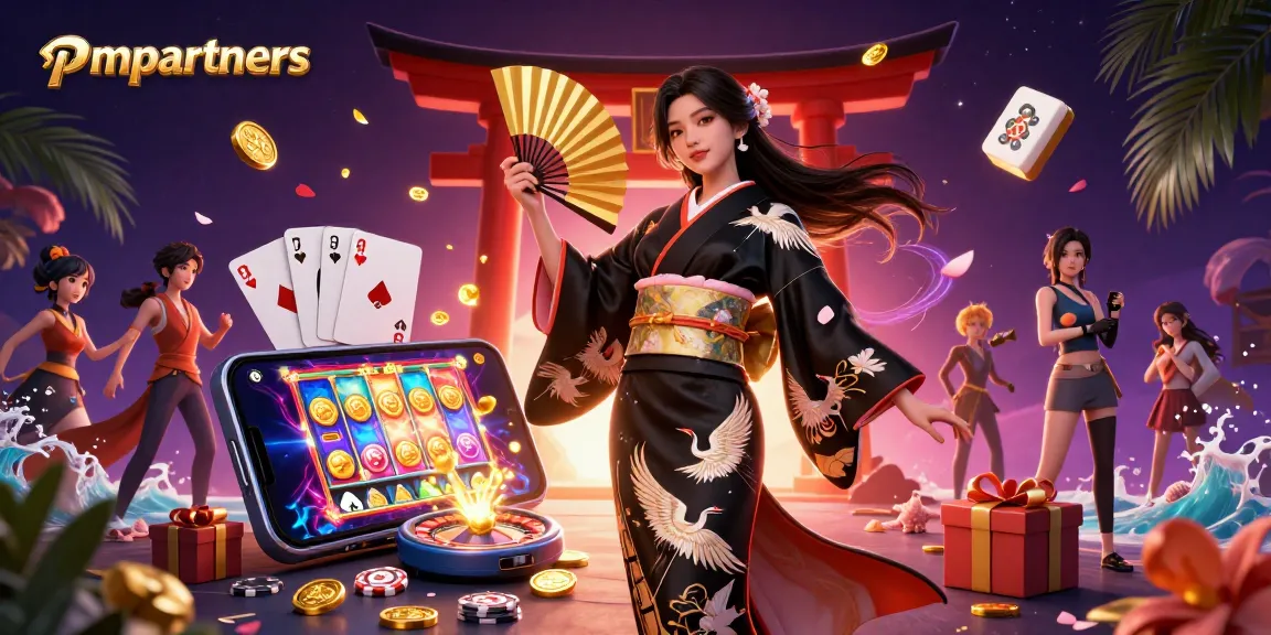 Engaging pmpartners scene with an elegant casino theme featuring a skilled Asian woman with a fan, surrounded by vibrant gambling elements.