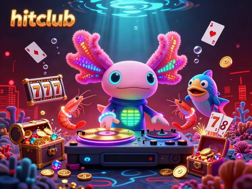 Experience the thrill of hitclub with vibrant underwater casino elements, featuring a neon axolotl DJ.