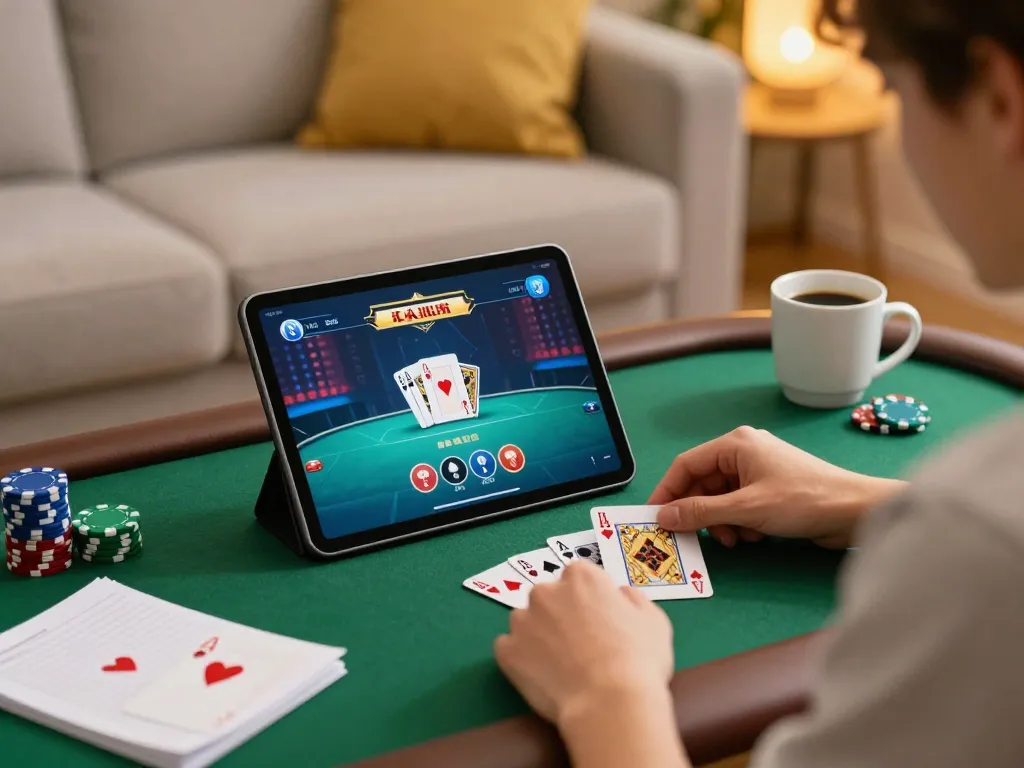 Engaging online poker gameplay on tg88 tablet in cozy home, emphasizing strategic gambling.