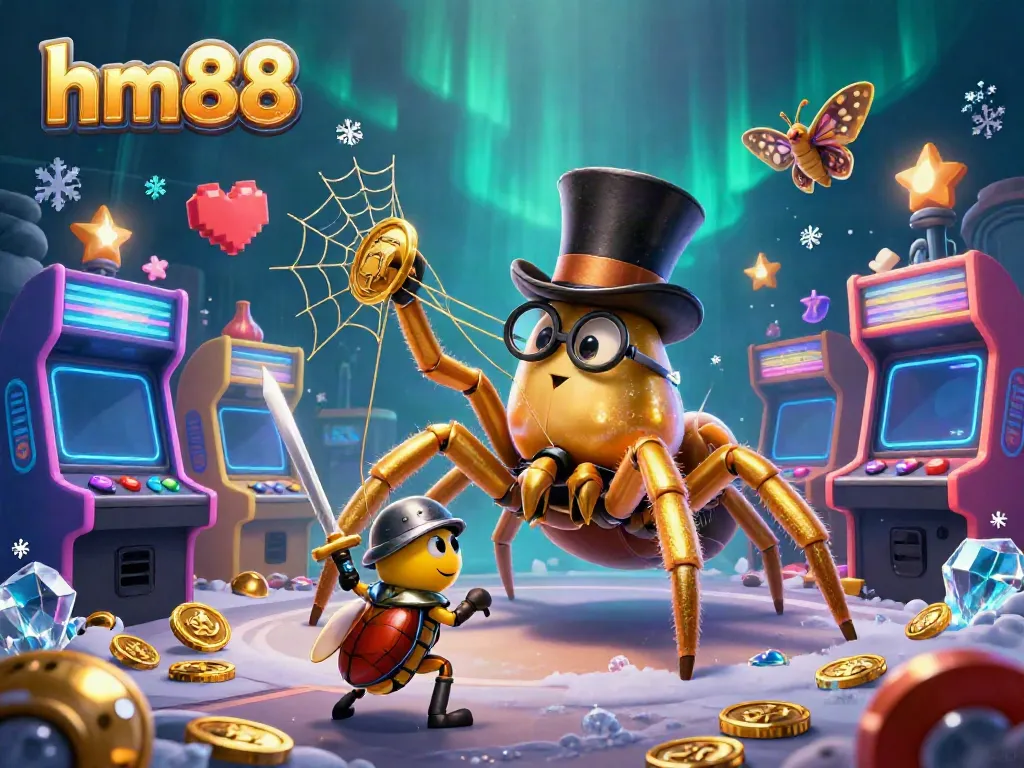 Experience the thrill of playing at hm88 casino with this vibrant scene featuring a whimsical golden tarantula and brave beetle knight.