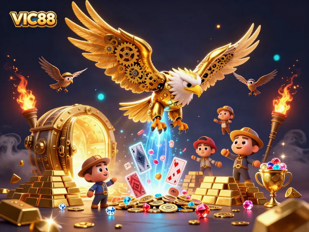 Engage in thrilling bets at VIC88 with a dynamic scene of excitement and treasures.