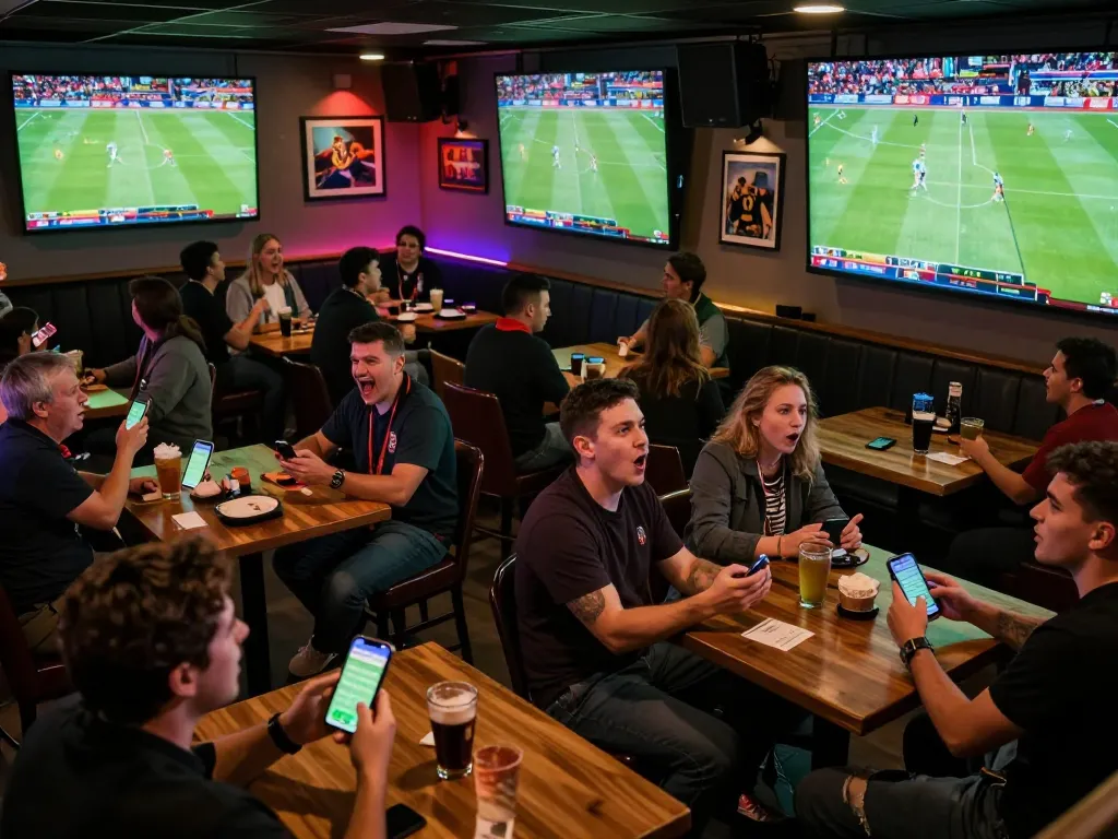 Sports fans engaging in live betting at Luongsontv during a major football match in a lively bar.