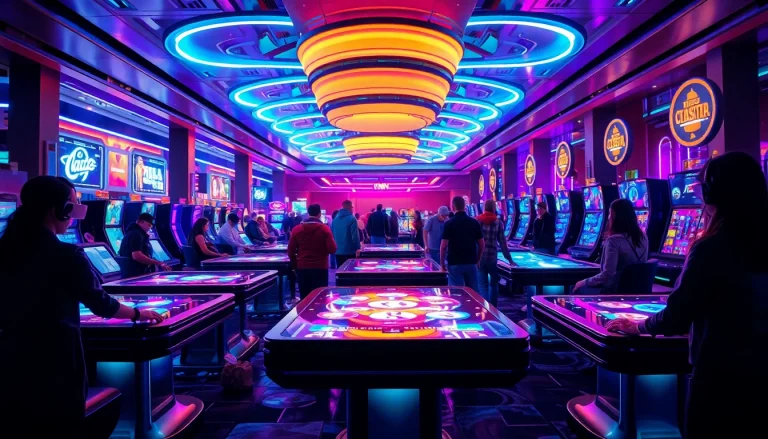 Engaging casino environment showcasing New Technology with futuristic gaming systems and holographic displays.