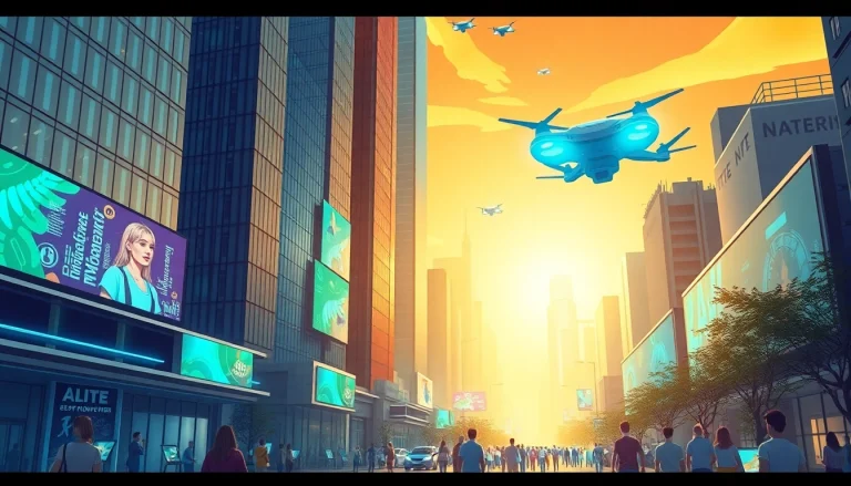 Futuristic cityscape featuring New Technology innovations in vibrant colors.