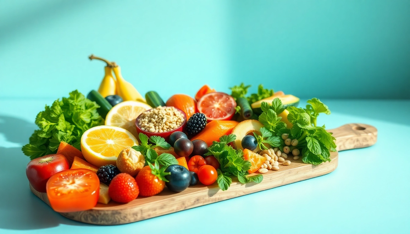 Delicious healthy food platter featuring vibrant fruits, vegetables, and grains.