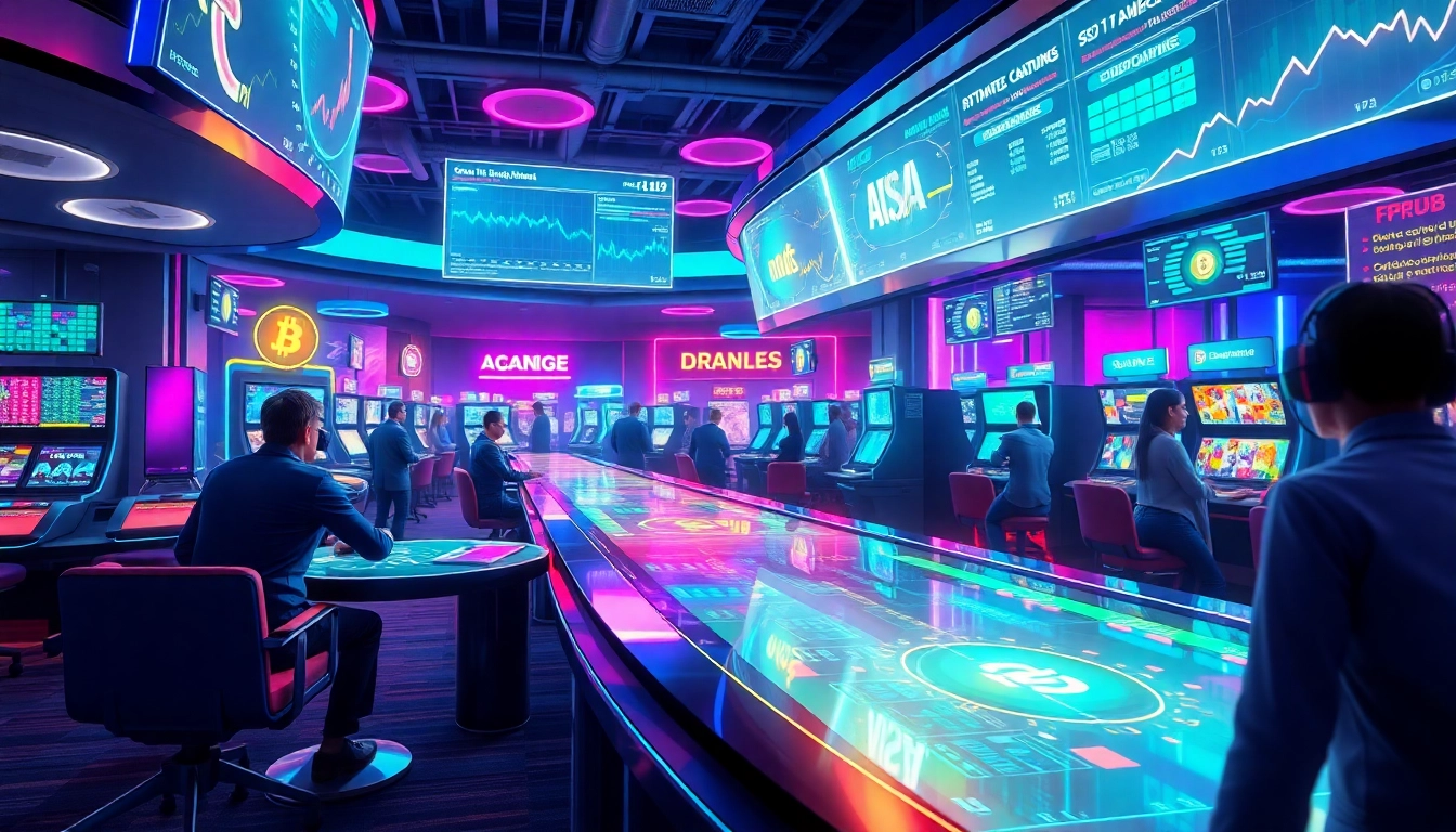 Explore the vibrant future of gambling enhanced by New Technology in a futuristic casino environment.