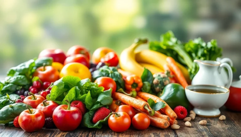 Display an appetizing array of Healthy Food featuring vibrant fruits and fresh vegetables on a wooden table.