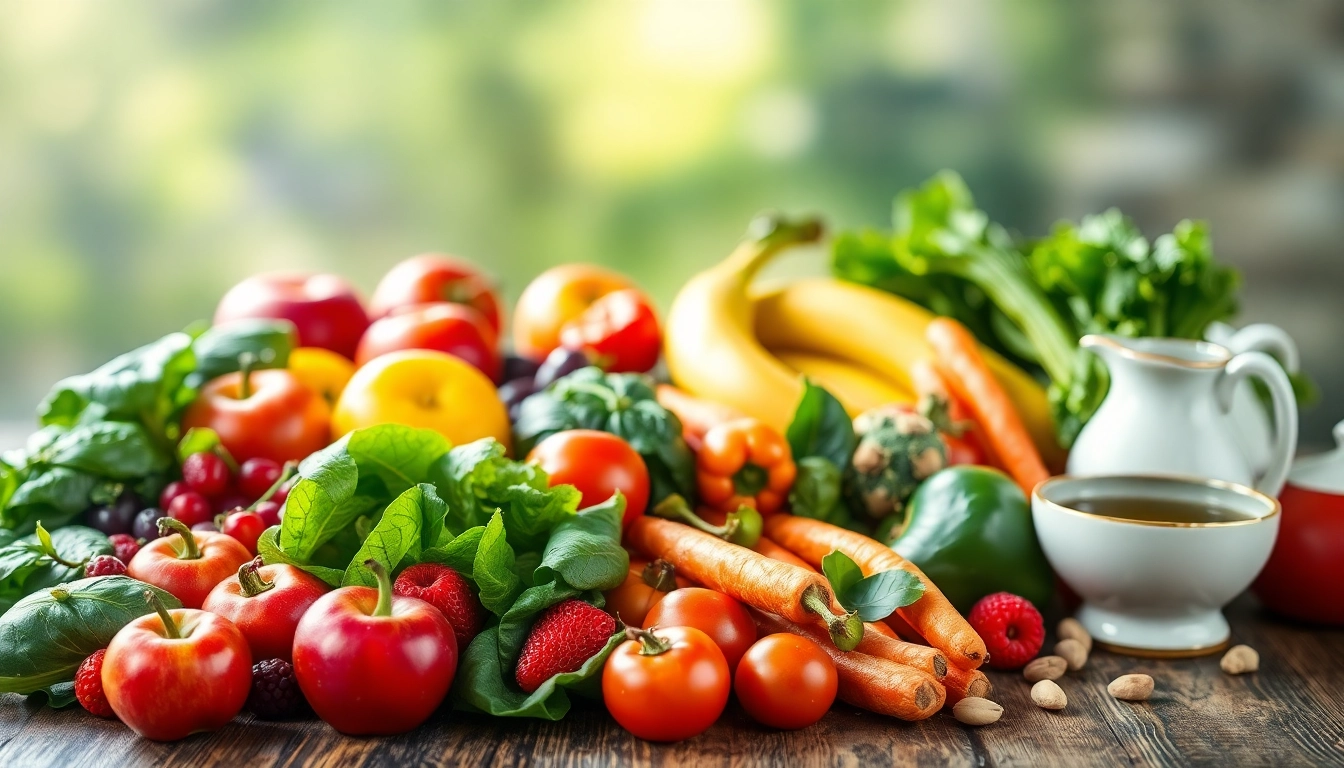 Display an appetizing array of Healthy Food featuring vibrant fruits and fresh vegetables on a wooden table.