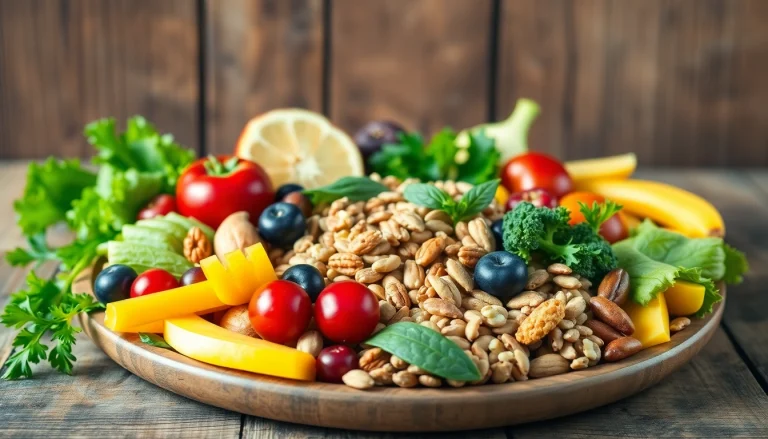 Vibrant healthy food platter showcasing fresh fruits, vegetables, and nuts arranged beautifully.