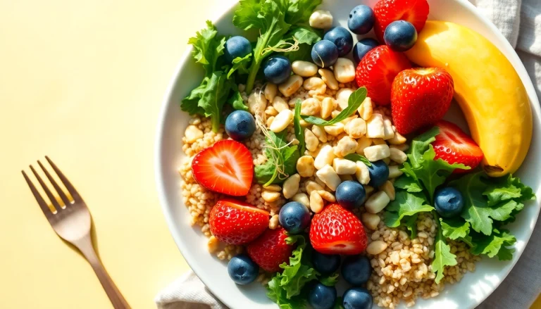 Experience a colorful plate of healthy food showcasing fresh fruits, greens, and quinoa.