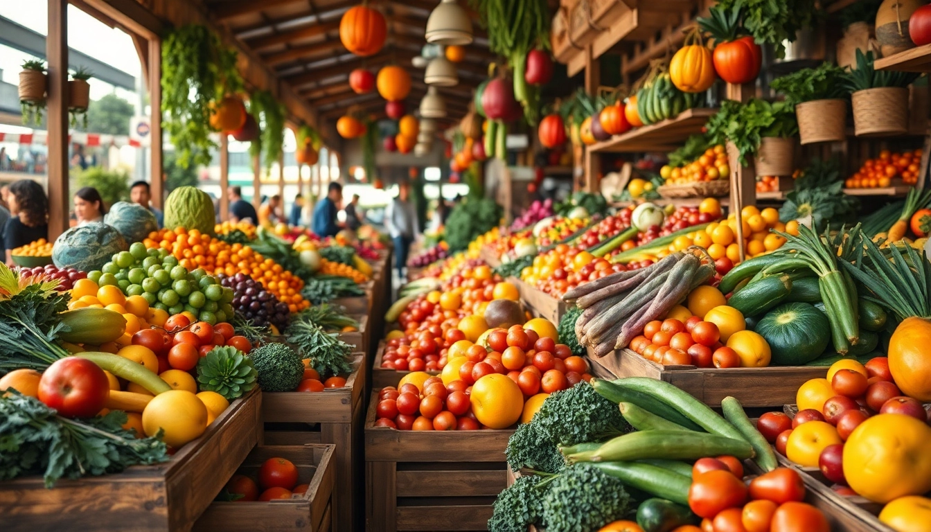Shoppers exploring a vibrant market filled with fresh Healthy Food options.