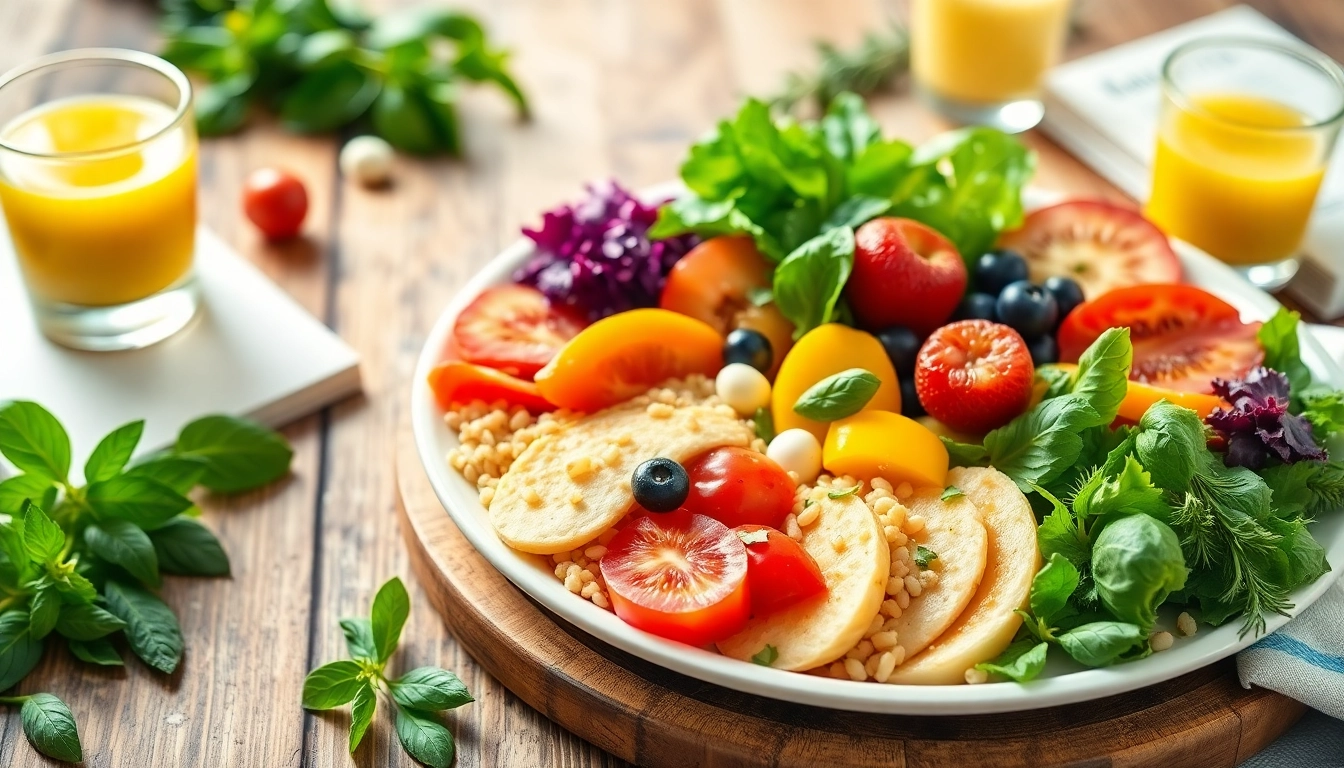 Vividly arranged healthy food plate showcasing fresh fruits and greens.