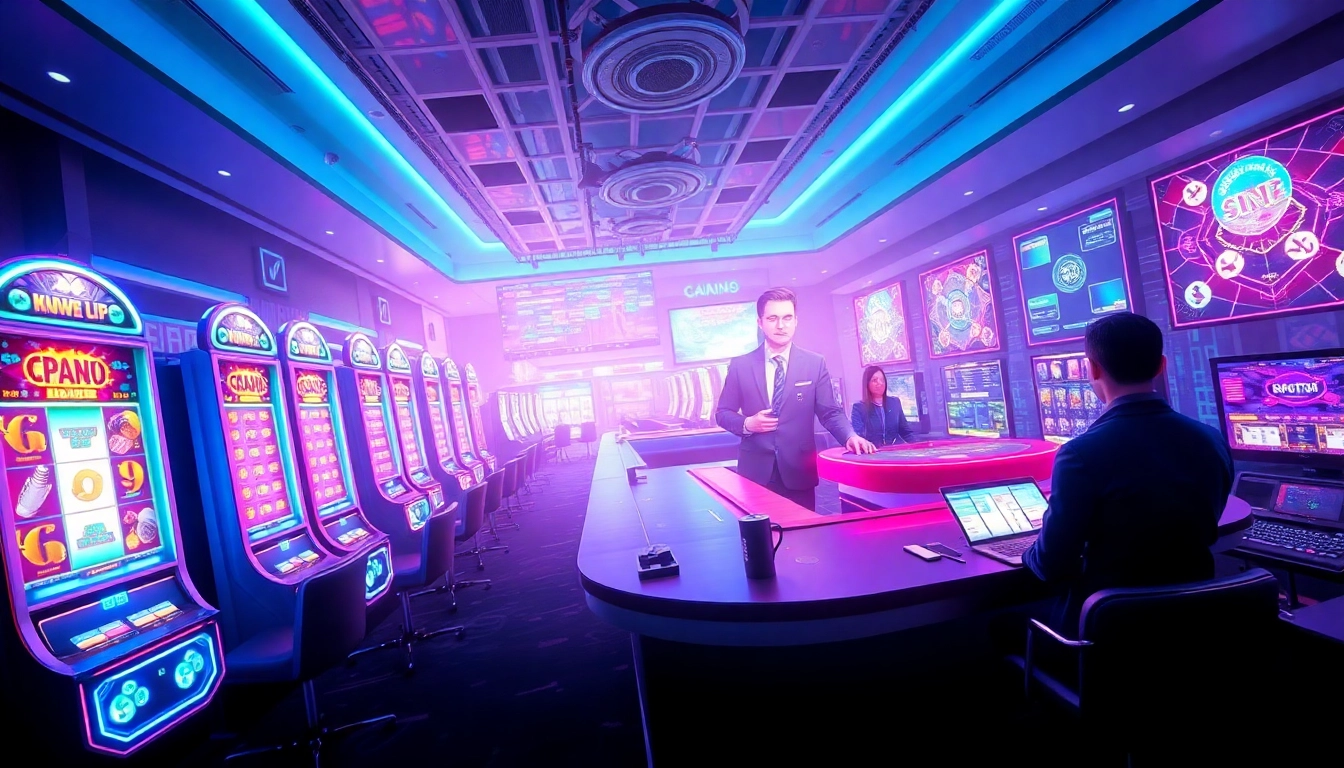 Experience New Technology in a futuristic gambling scene with holographic displays and virtual dealers.