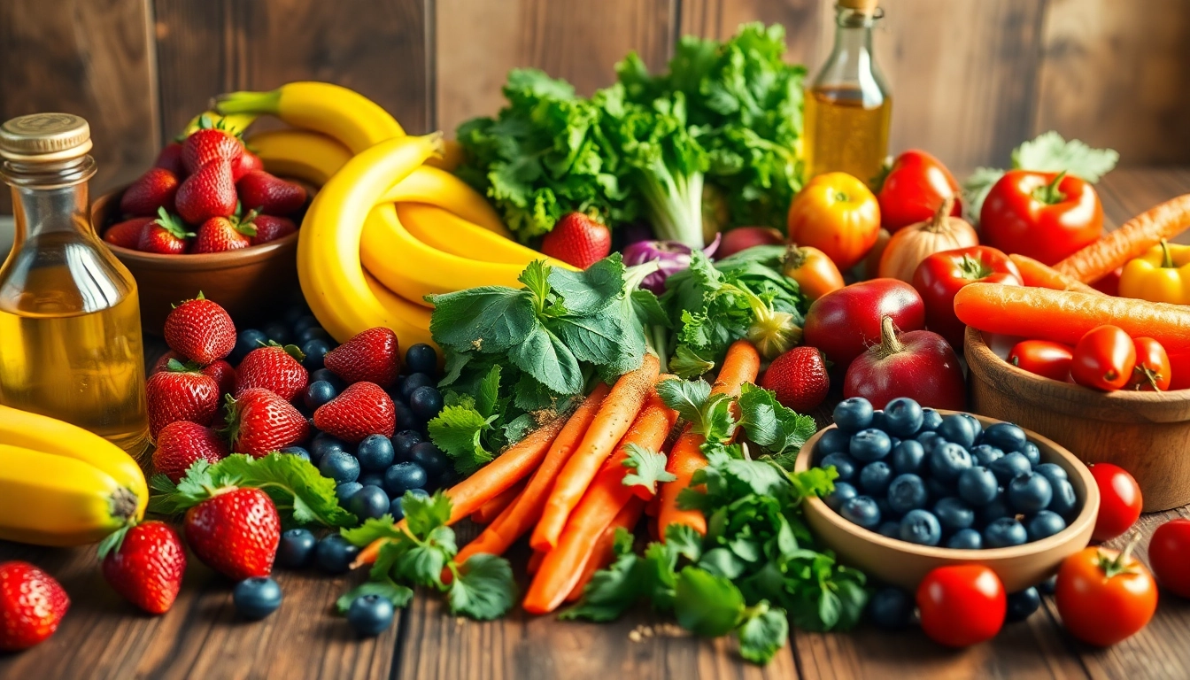 Enjoy a vibrant display of Healthy Food showcasing fresh fruits and vegetables in a rustic setting.