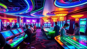 Explore the impact of New Technology in a futuristic casino setting, highlighting digital gaming and advanced betting systems.