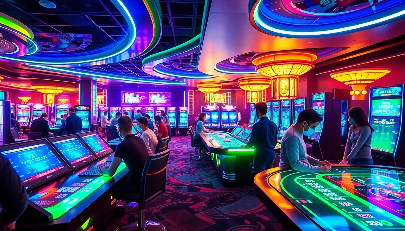 Explore the impact of New Technology in a futuristic casino setting, highlighting digital gaming and advanced betting systems.