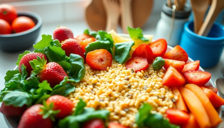 Discover a plate of healthy food filled with colorful fruits, greens, and nutritious grains.