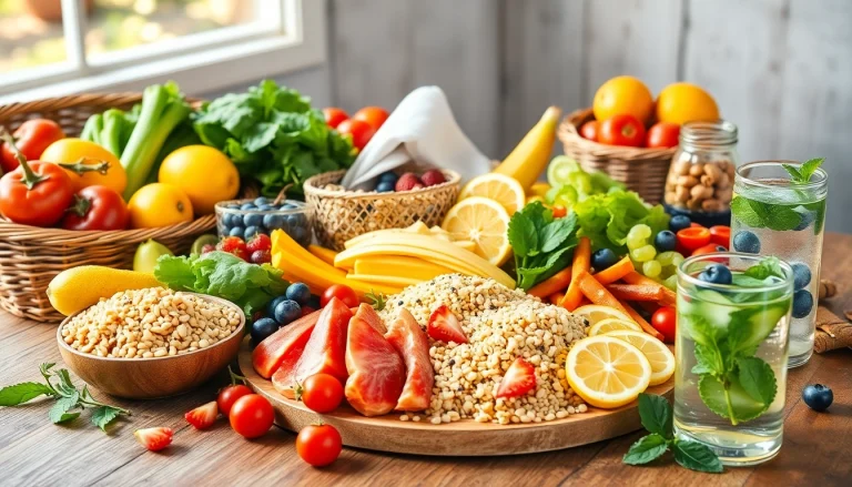 Vibrant healthy food display with fresh fruits, vegetables, and whole grains promoting a nutritious lifestyle.