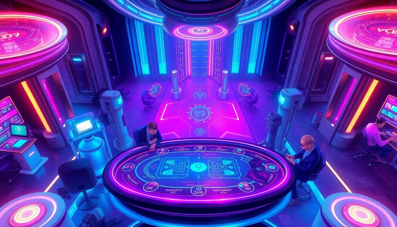 Explore a vibrant casino scene showcasing New Technology with futuristic digital displays and glowing neon lights.