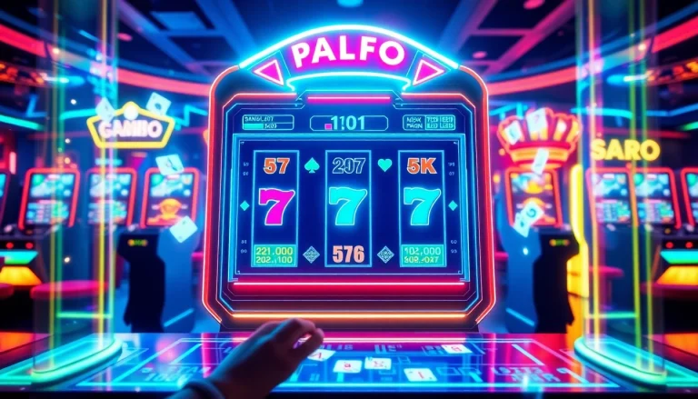 Experience new technology with futuristic gambling interfaces in an interactive casino scene.
