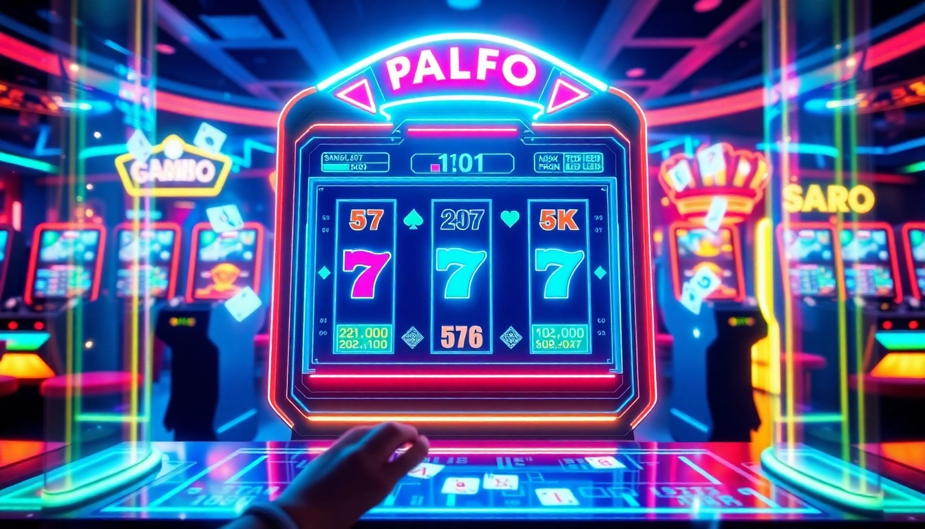 Experience new technology with futuristic gambling interfaces in an interactive casino scene.
