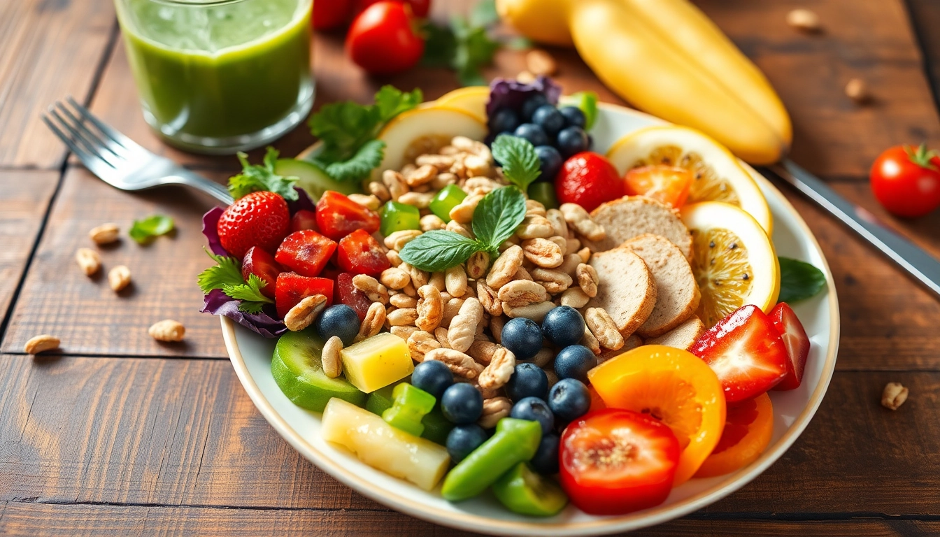 Vibrant healthy food bowl showcasing fresh fruits, vegetables, and lean proteins.