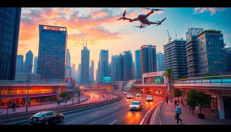 Explore New Technology integration in a futuristic city, showcasing smart buildings and green tech.