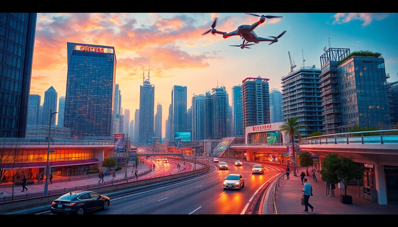 Explore New Technology integration in a futuristic city, showcasing smart buildings and green tech.