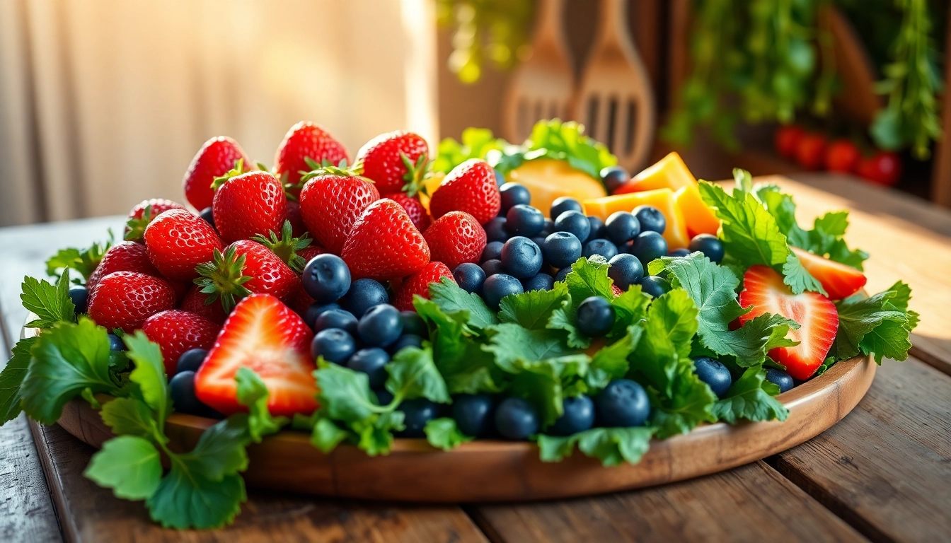 Discover a vibrant healthy food platter filled with fresh fruits and greens.