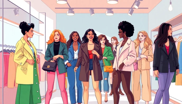 Women Fashion scene featuring diverse women enjoying a trendy boutique experience.