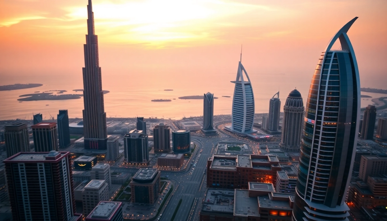 Experience the dazzling skyline while planning your travel to Dubai. Iconic landmarks illuminated at sunset.