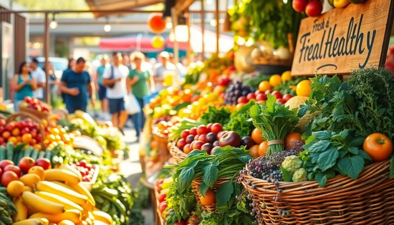 Vibrant display of Healthy Food at a farmer's market, filled with fresh fruits and vegetables, encouraging healthy eating.