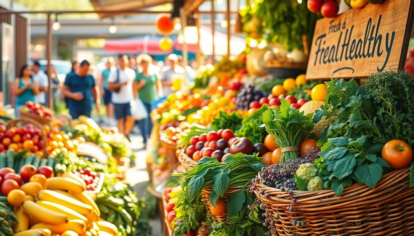 Vibrant display of Healthy Food at a farmer's market, filled with fresh fruits and vegetables, encouraging healthy eating.