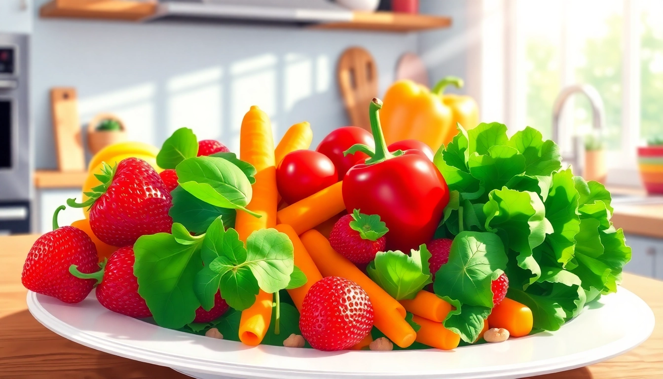 A vibrant plate of healthy food featuring colorful fruits and vegetables, promoting nutritious eating.