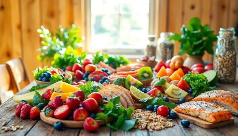 Delicious healthy food arrangement featuring vibrant fruits and greens.