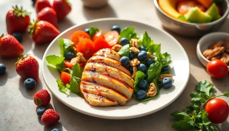 Enjoy a delicious plate of healthy food featuring colorful salads and fresh fruits.