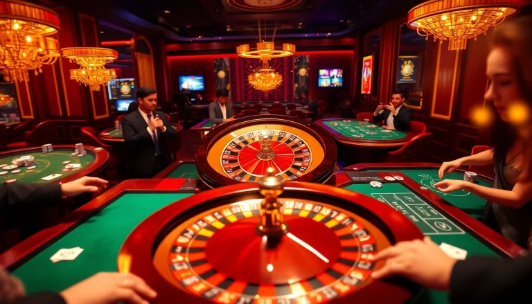 Experience the thrill of game bài đổi thưởng with players at a vibrant casino table.