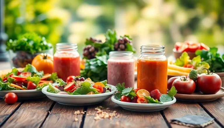 Freshly prepared healthy food spread featuring vibrant vegetables and fruits.