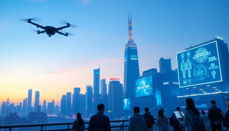 Futuristic skyline showcasing new technology innovations at dawn.