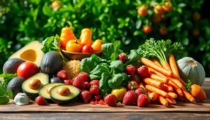 Explore a colorful array of healthy food options, featuring fresh fruits and vegetables on a rustic table.