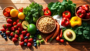 Beautifully arranged healthy food items showcasing vibrant fruits and vegetables for a nutritious meal.