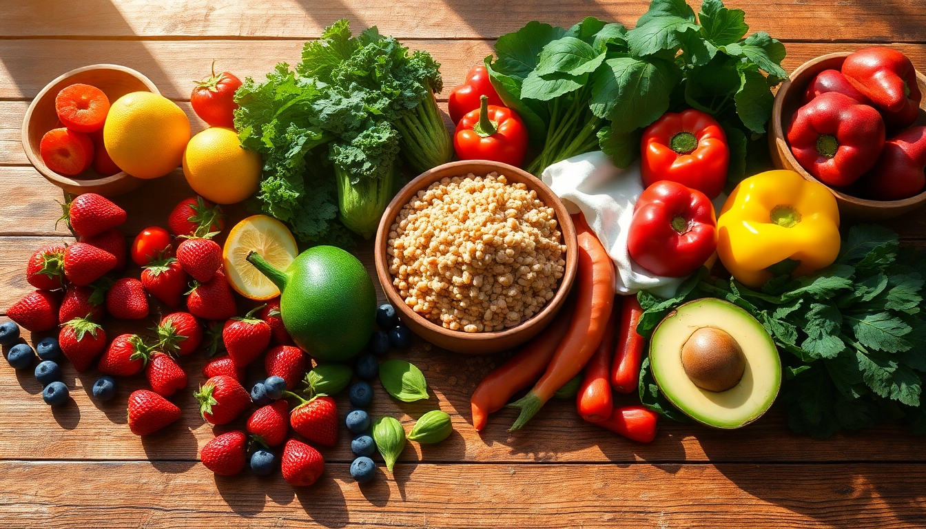 Beautifully arranged healthy food items showcasing vibrant fruits and vegetables for a nutritious meal.