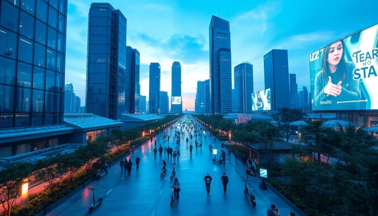 A stunning cityscape depicting New Technology innovations in urban life, showcasing solar panels and smart devices.