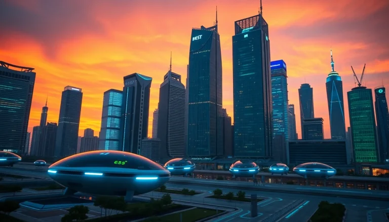 Explore the stunning skyline of New Technology innovations, showcasing advanced architecture and electric vehicles.