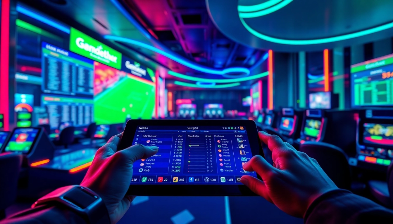 Experience new technology in a vibrant sports betting environment with sleek digital interfaces.