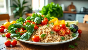Vibrantly arranged healthy food spread featuring fresh vegetables and grains.